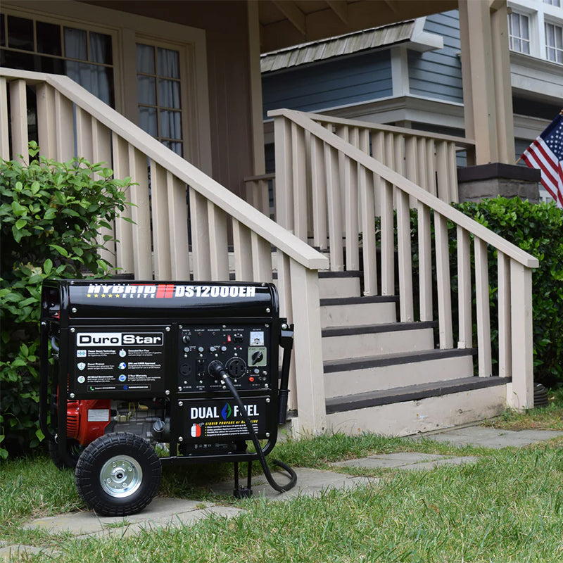 DuroStar DS12000EH Generator presented in a residential setting, illustrating its use as a quality home backup power source.