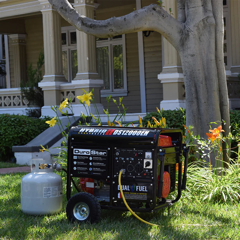 Quality generator, DuroStar DS12000EH, displayed in front of a home, showcasing its role as a reliable portable generator.