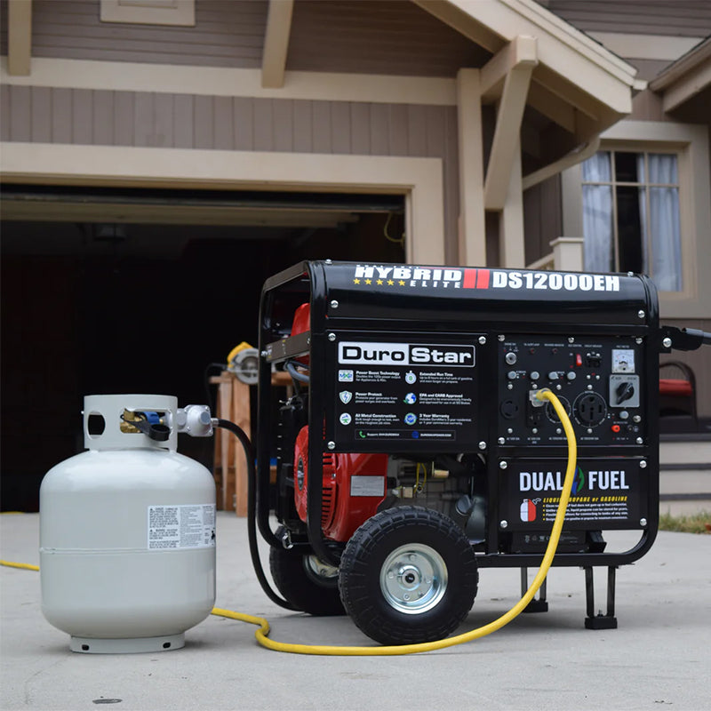 DuroStar DS12000EH Dual Fuel Generator placed outdoors, an example of a quality generator for residential use.