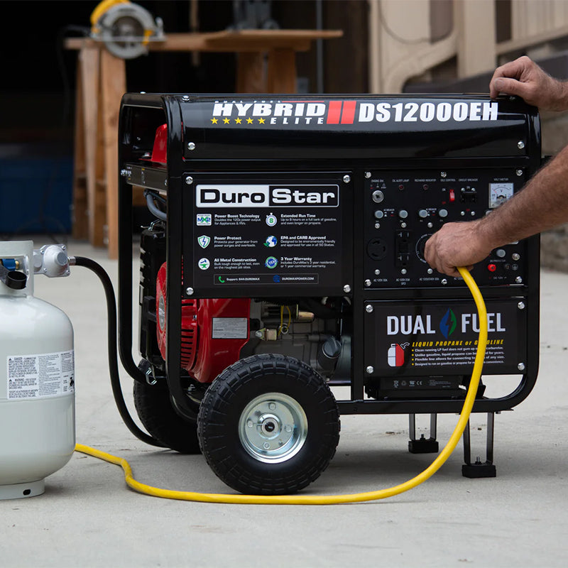 DuroStar DS12000EH Dual Fuel Portable Generator with propane tank, showcasing the versatility and efficiency of generators.