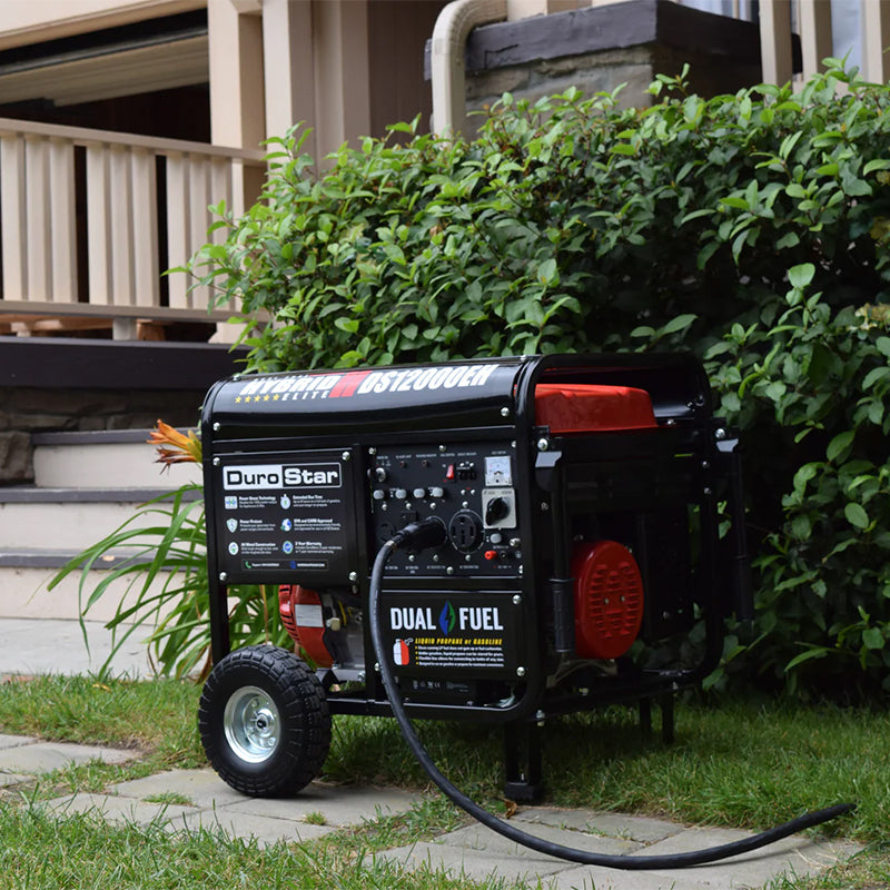 DuroStar DS12000EH Dual Fuel Generator placed outdoors, an example of a quality generator for residential use.