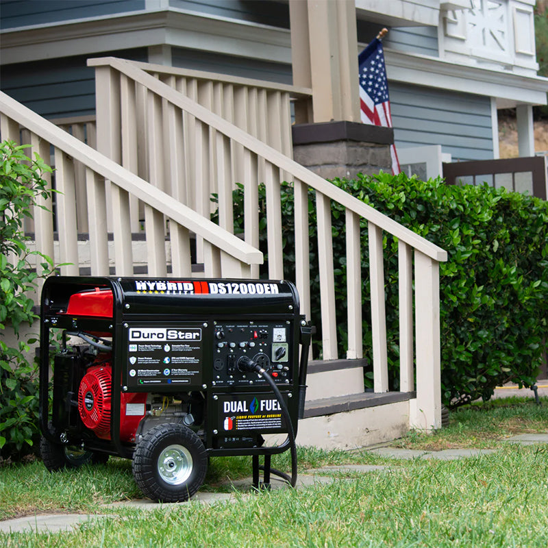 Quality generator, DuroStar DS12000EH, displayed in front of a home, showcasing its role as a reliable portable generator.