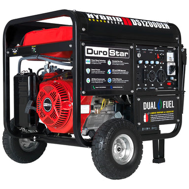 DuroStar DS12000EH Dual Fuel Portable Generator on display, showcasing its quality generator build and versatility for use.