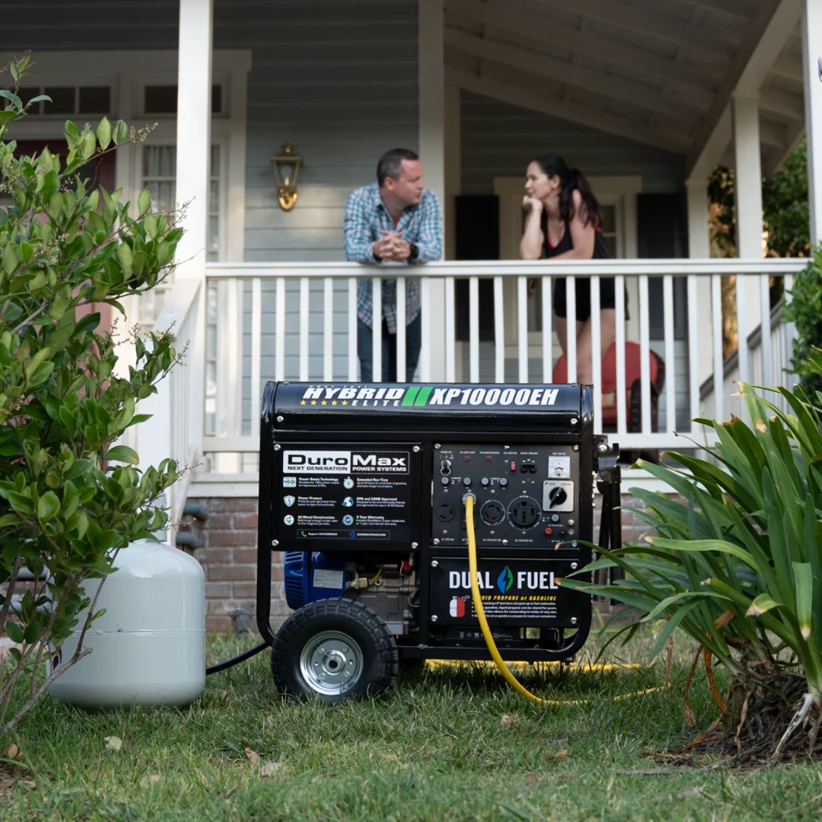 DuroStar XP10000EH at the front yard garden with an at ease couple