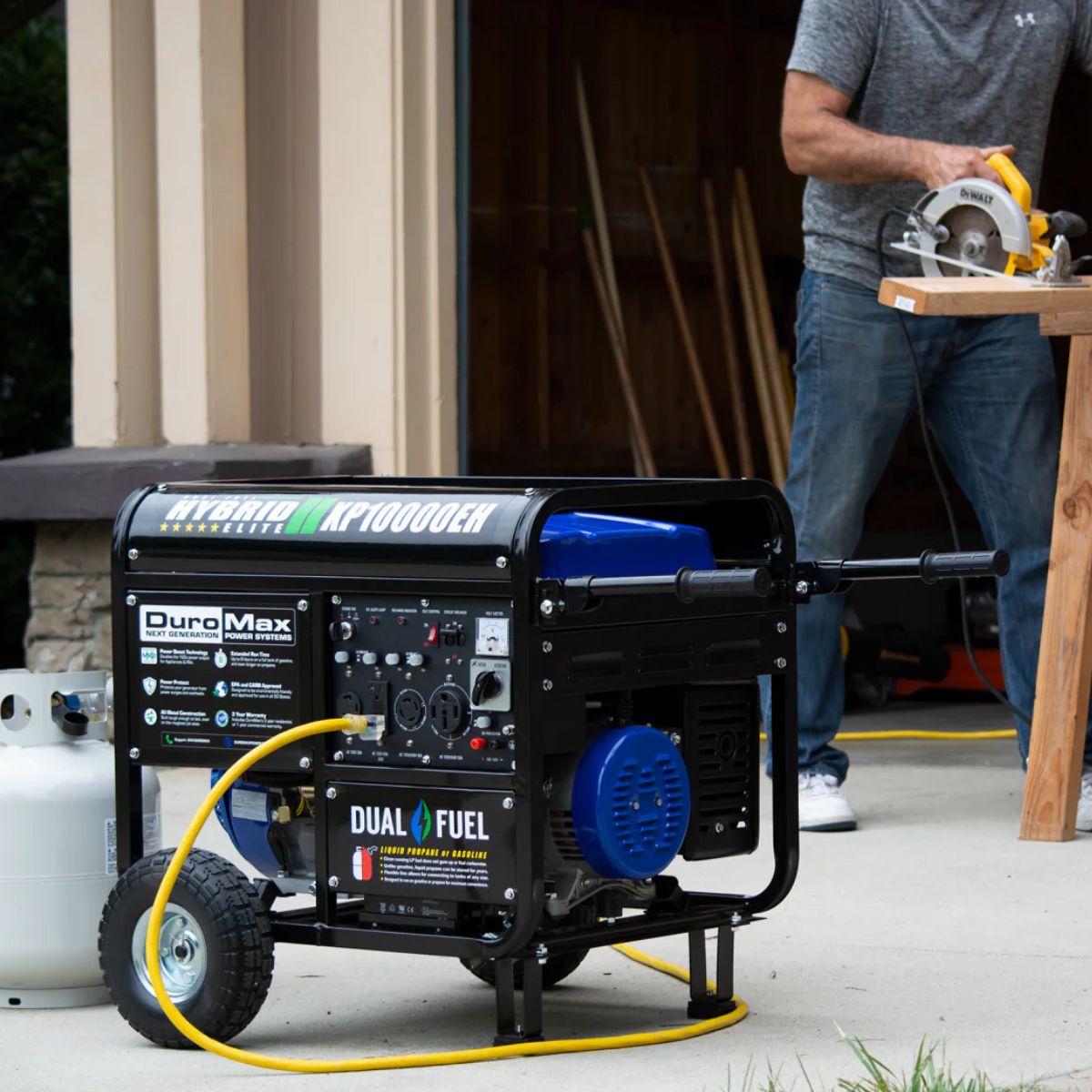 Focused DuroStar XP10000EH powering the garage workstation setup