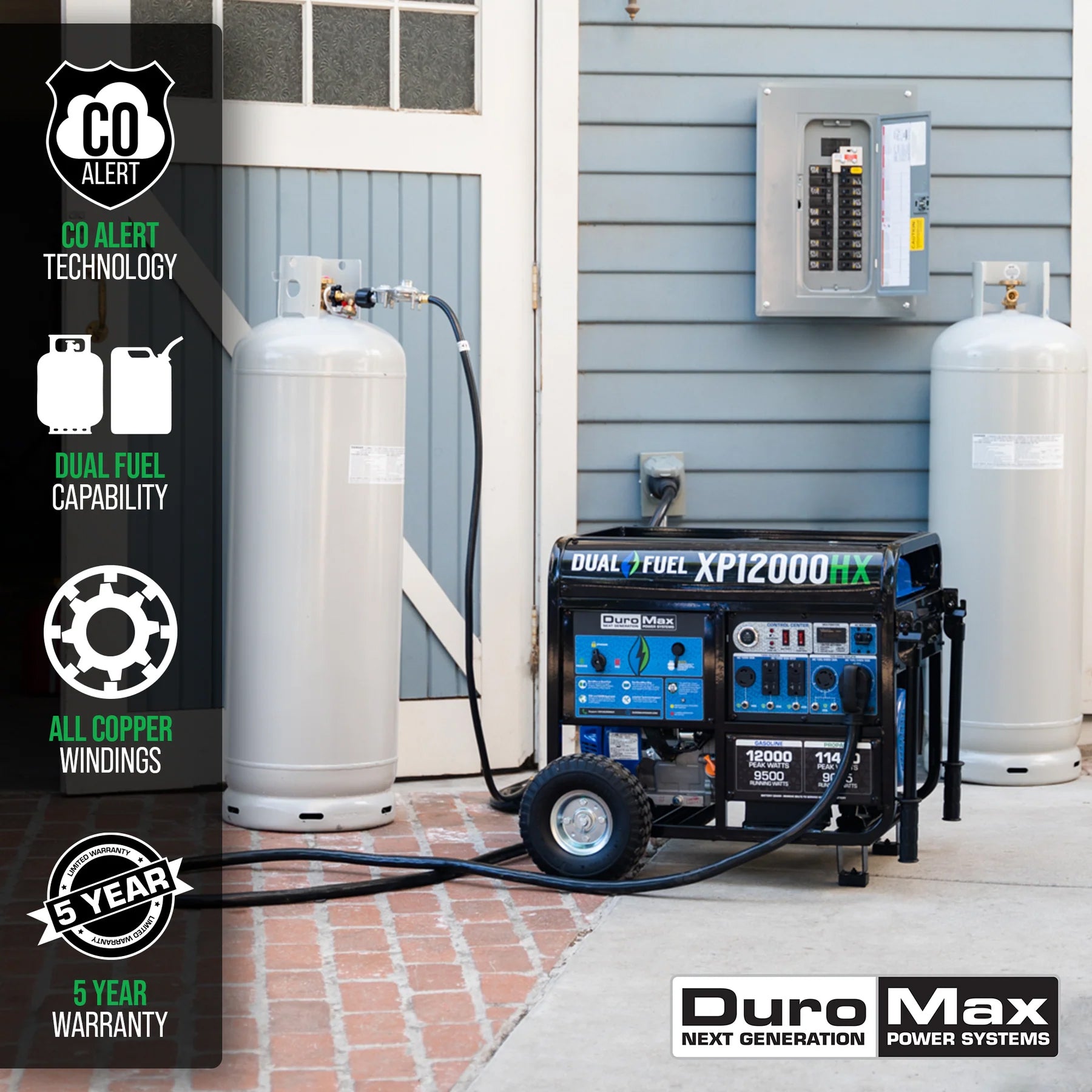 Reliable Duromax portable generator featuring CO alert technology and dual fuel options, stationed beside propane tanks for easy access and extended use.