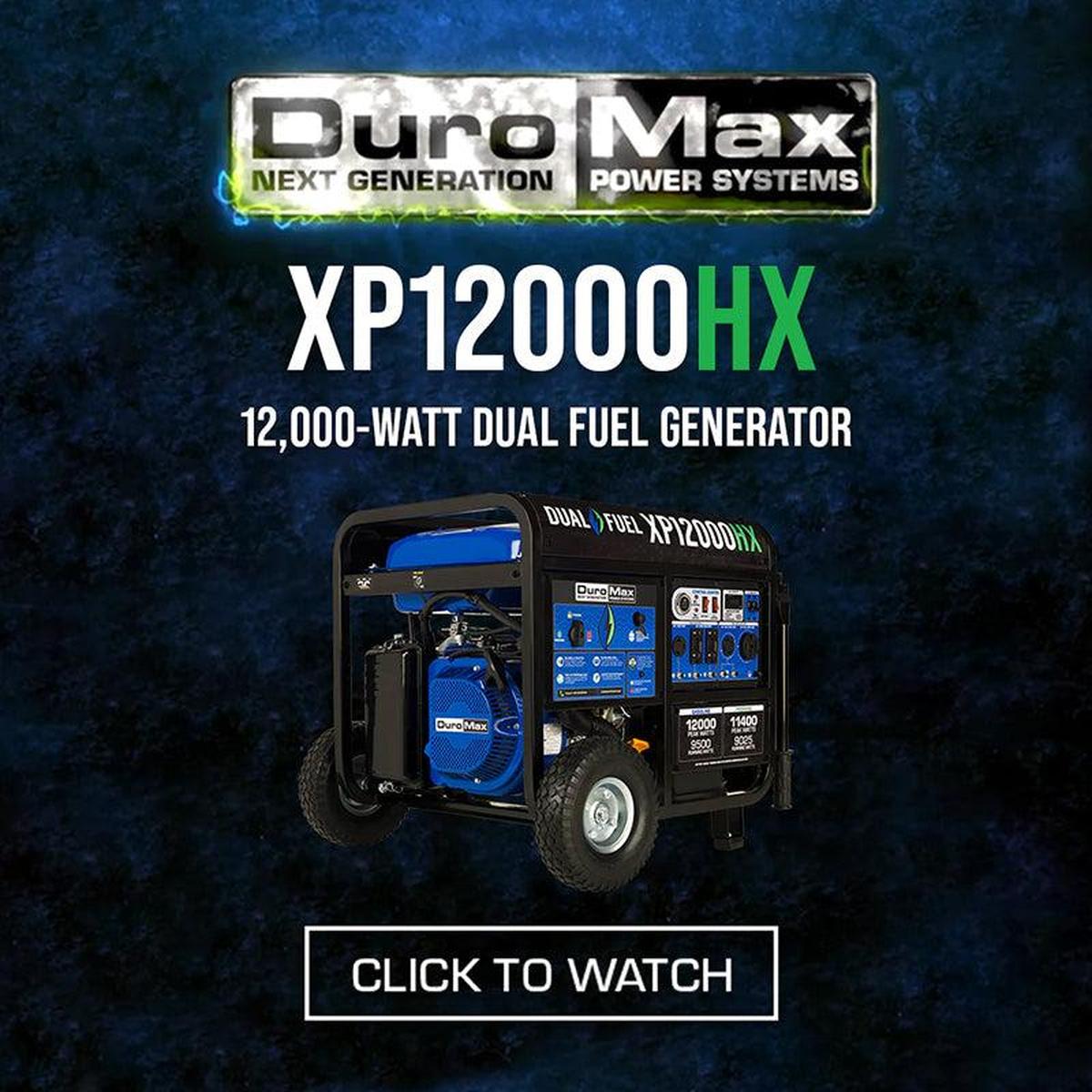 Promotional image for Duromax XP12000HX, a 12,000-watt dual fuel generator, inviting viewers to watch a demonstration video.