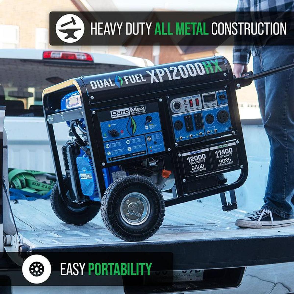 Duromax XP12000HX portable generator with heavy duty all metal construction and easy portability, showcasing its durability and convenience.