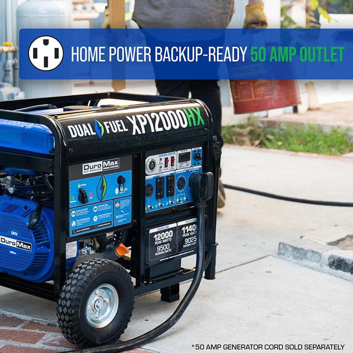 Duromax XP12000HX generator highlighting home power backup-ready 50 amp outlet, showcasing the robust build and portability of Duromax generators.
