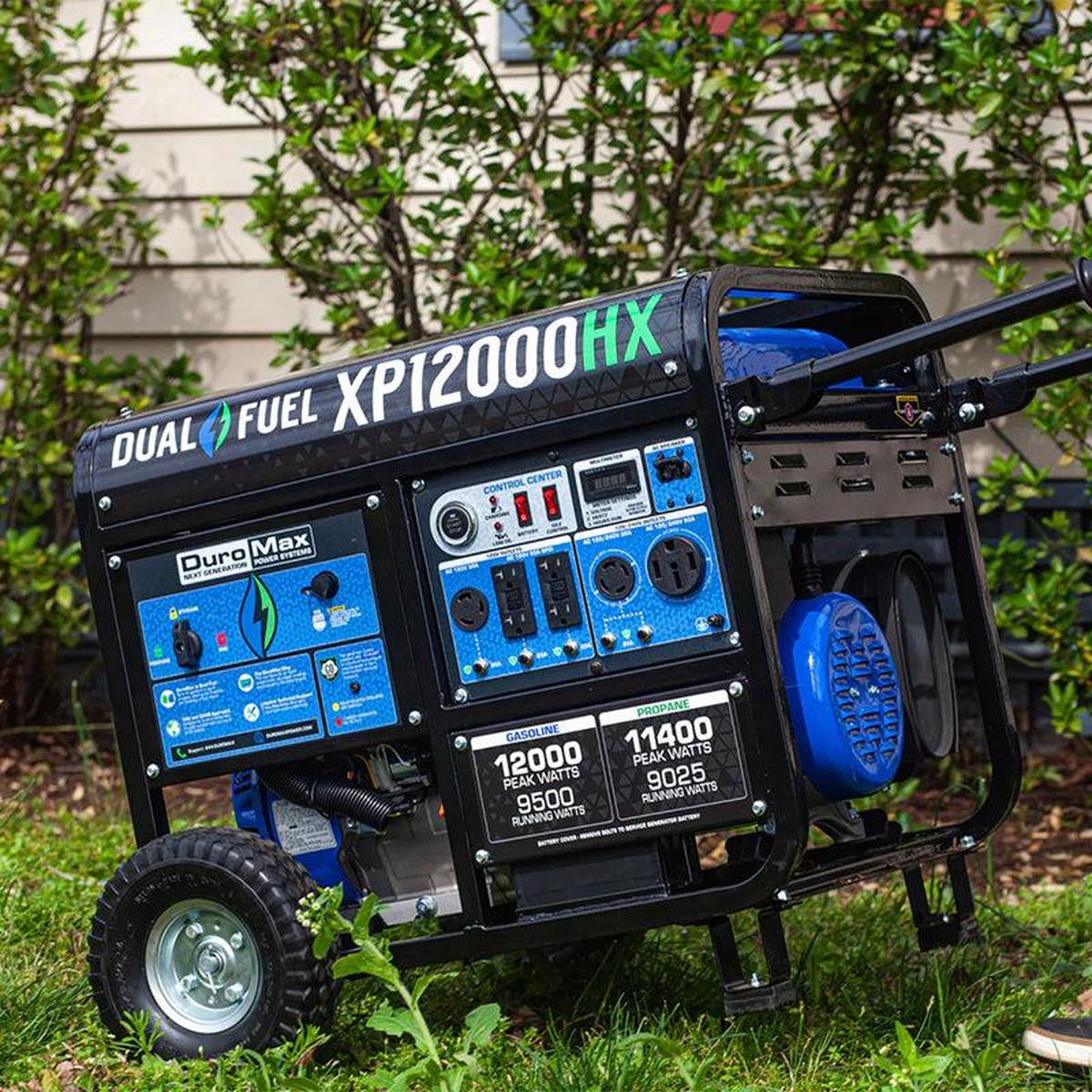 Close-up of a Duromax portable generator being fueled, highlighting the quality generator's durability and functionality.