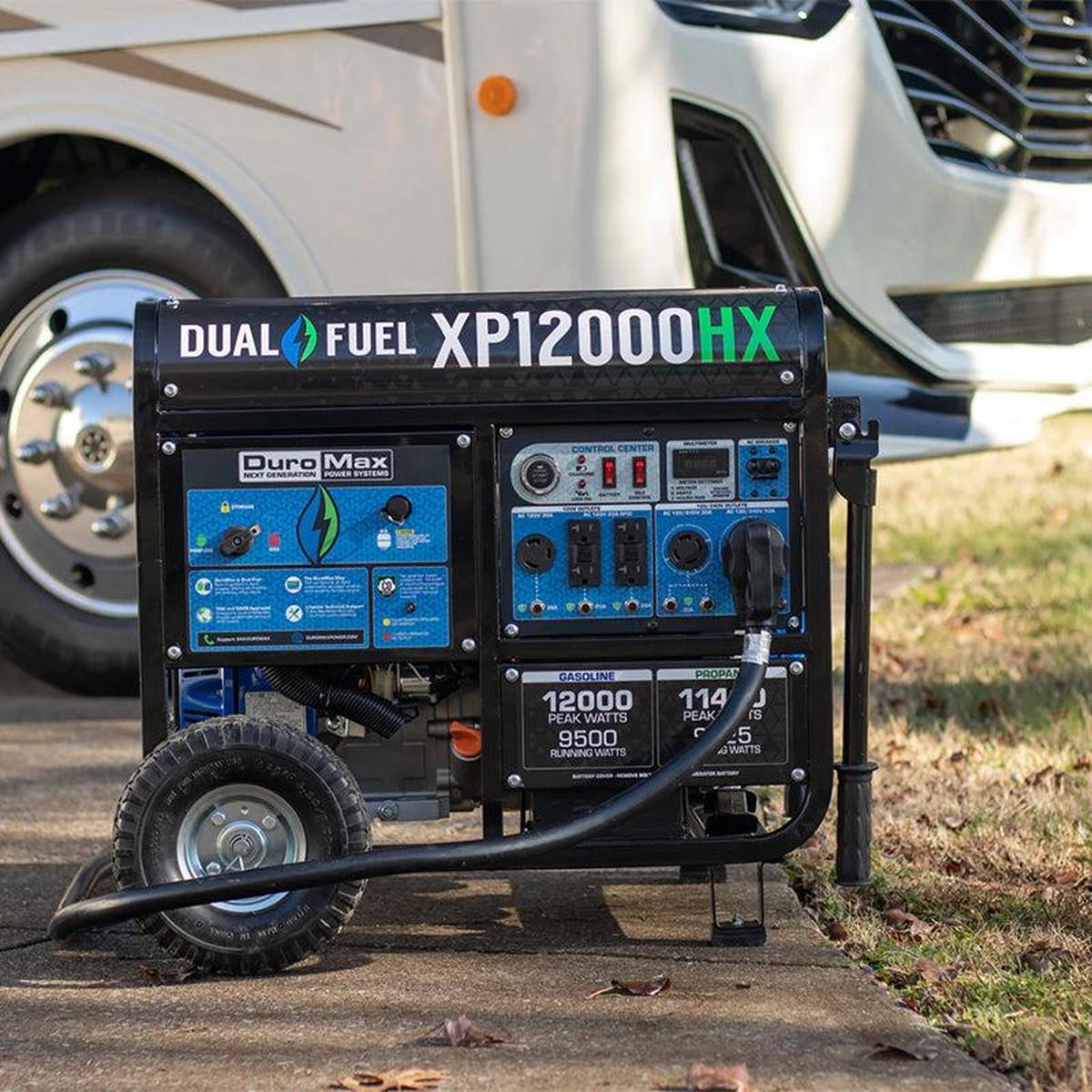 Duromax XP12000HX portable generator positioned in front of an RV, emphasizing its suitability for travel and on-the-go power needs.