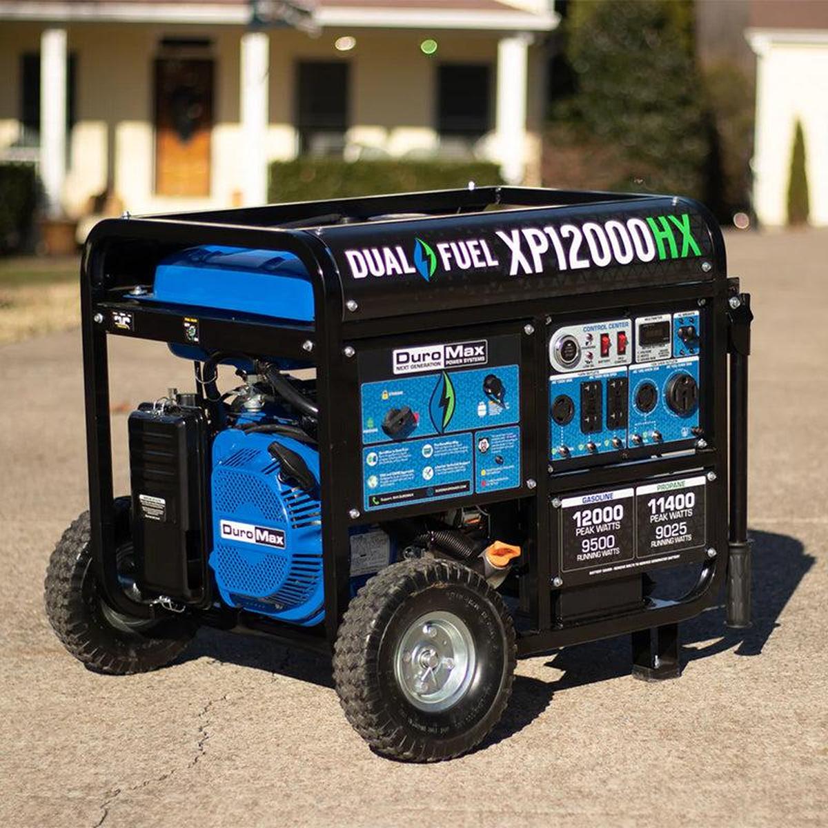A Duromax XP12000HX generator prominently placed in front of a house, ready to provide reliable power as a quality generator for home use.