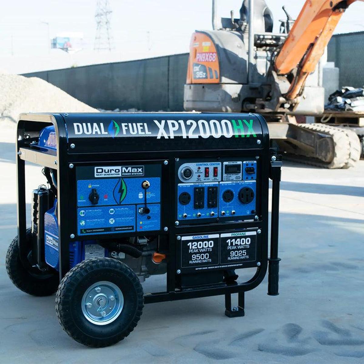 Duromax XP12000HX generator on a construction site, exemplifying its rugged design and suitability for heavy-duty power requirements.
