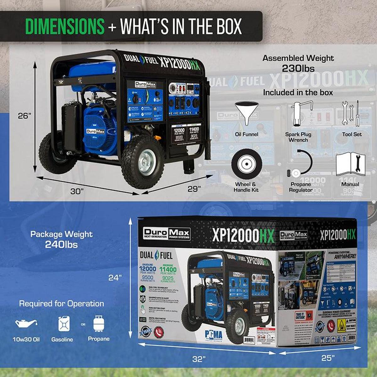 Dimensions and contents of Duromax XP12000HX generator, including oil funnel, spark plug wrench, and tool set, highlighting the comprehensive package.