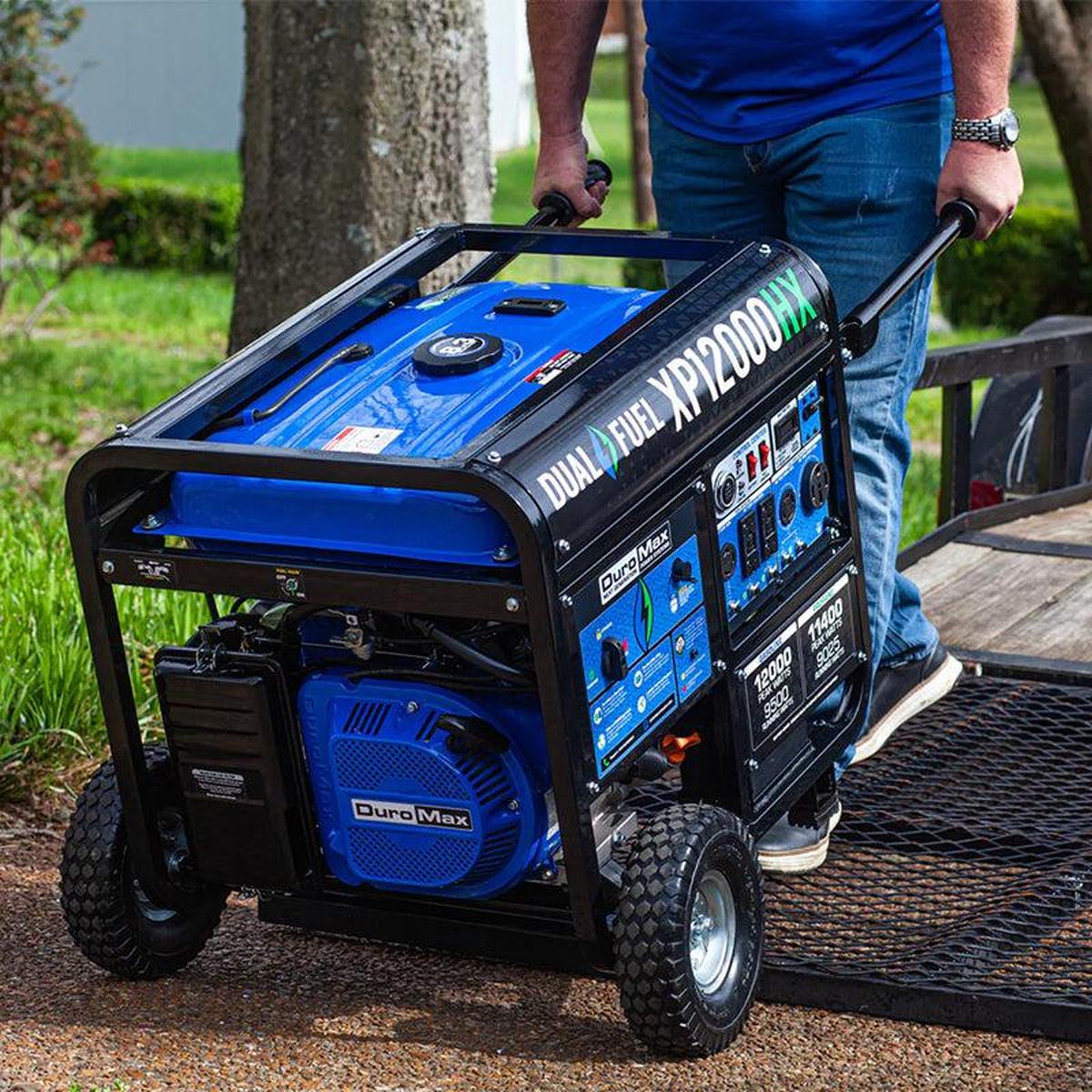 Diverse range of DuroMax portable generators displayed in a residential setting, emphasizing the variety and versatility of quality generators.