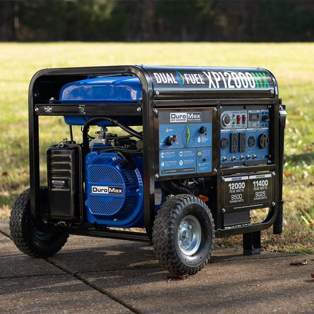 Duromax XP12000HX generator standing on a suburban driveway, illustrating its suitability for home backup power in residential settings.