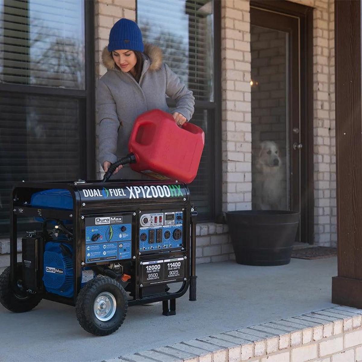 A woman safely refueling a Duromax XP12000HX generator outside her home, with a watchful dog in the background, showcasing user-friendliness.