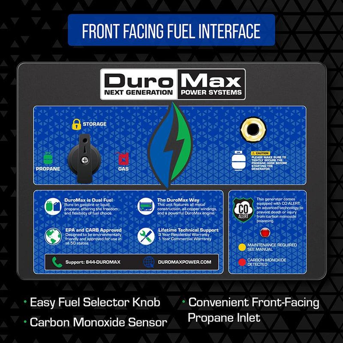 Close-up of the front-facing fuel interface on a Duromax generator, illustrating the user-friendly design and quality features of portable generators.