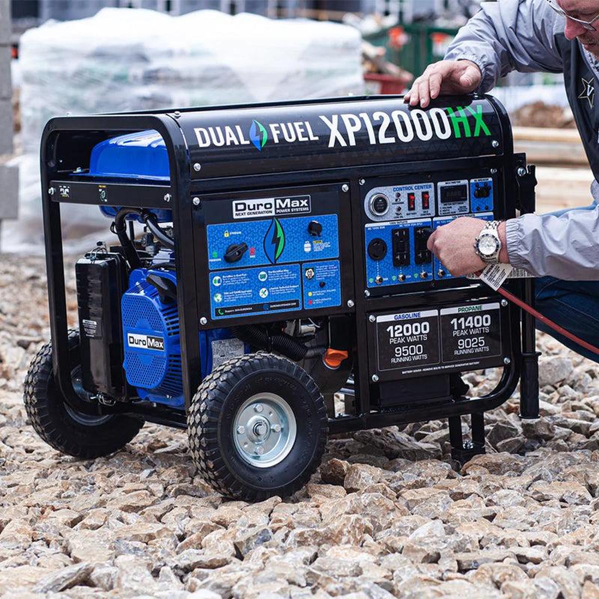 DuroMax quality generator on a construction site, showing its heavy-duty capabilities and portability for professional use.