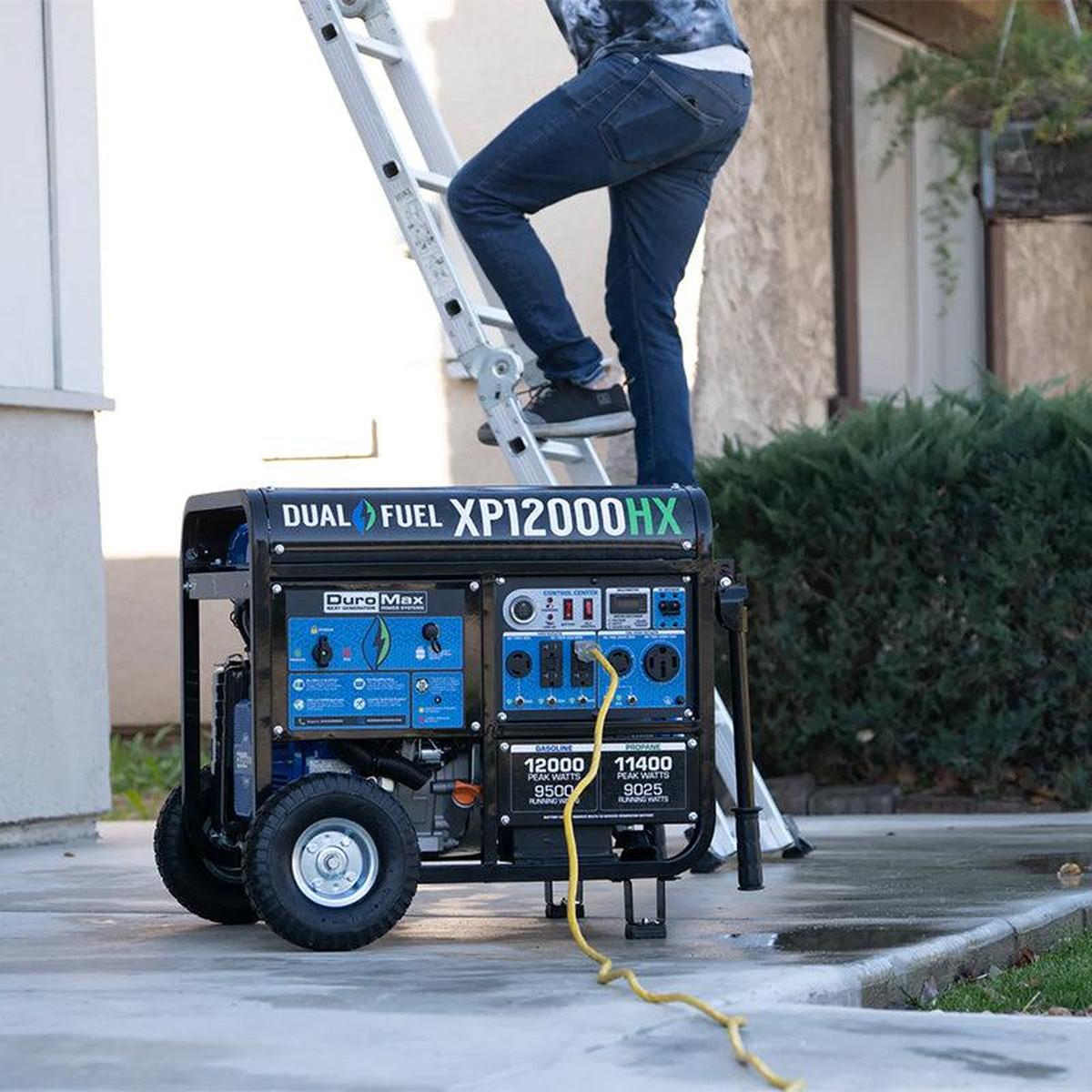 Quality generator by DuroMax, the XP12000HX model, ready for outdoor use, demonstrating the portability and power output for yard work.