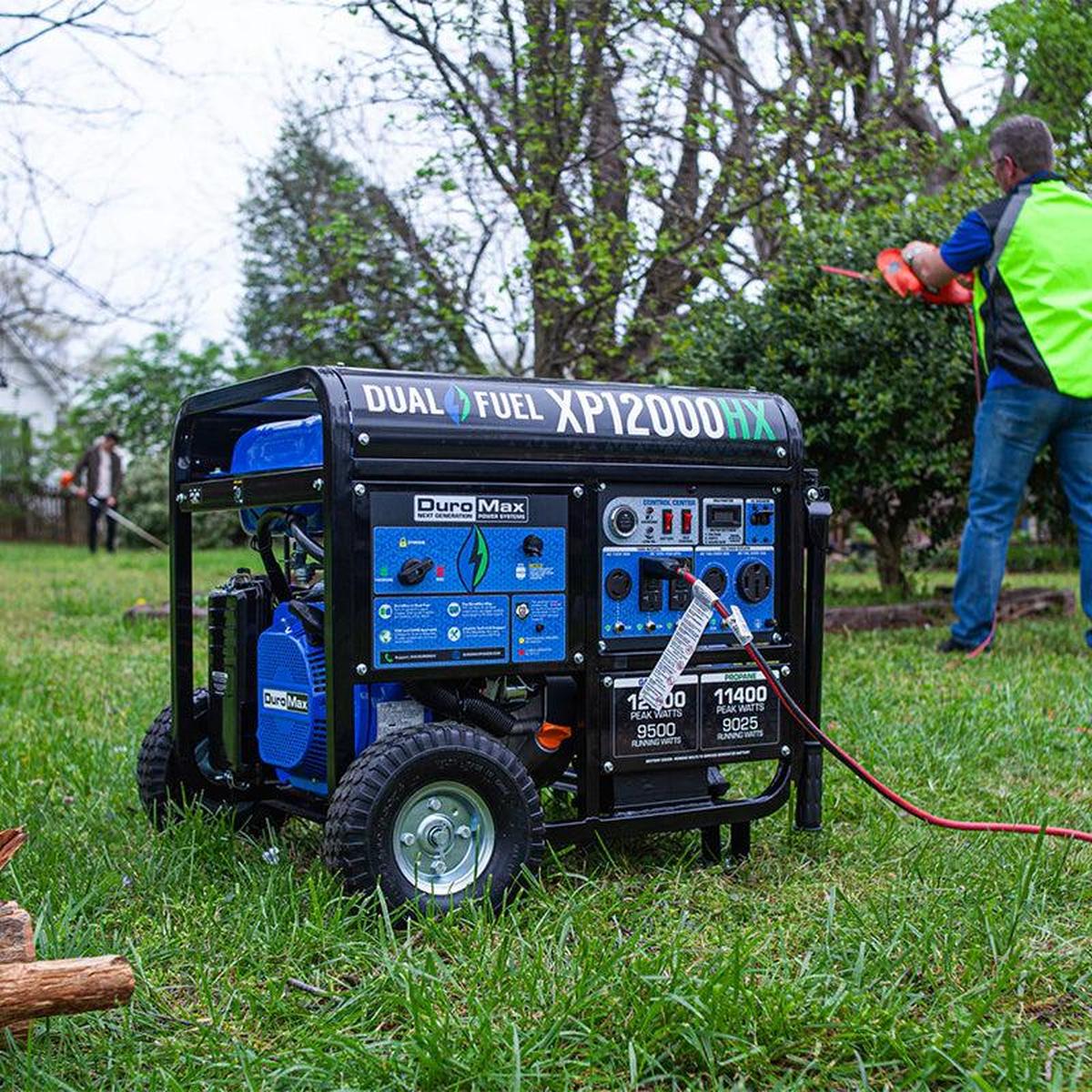 Quality generator by DuroMax, the XP12000HX model, ready for outdoor use, demonstrating the portability and power output for yard work.