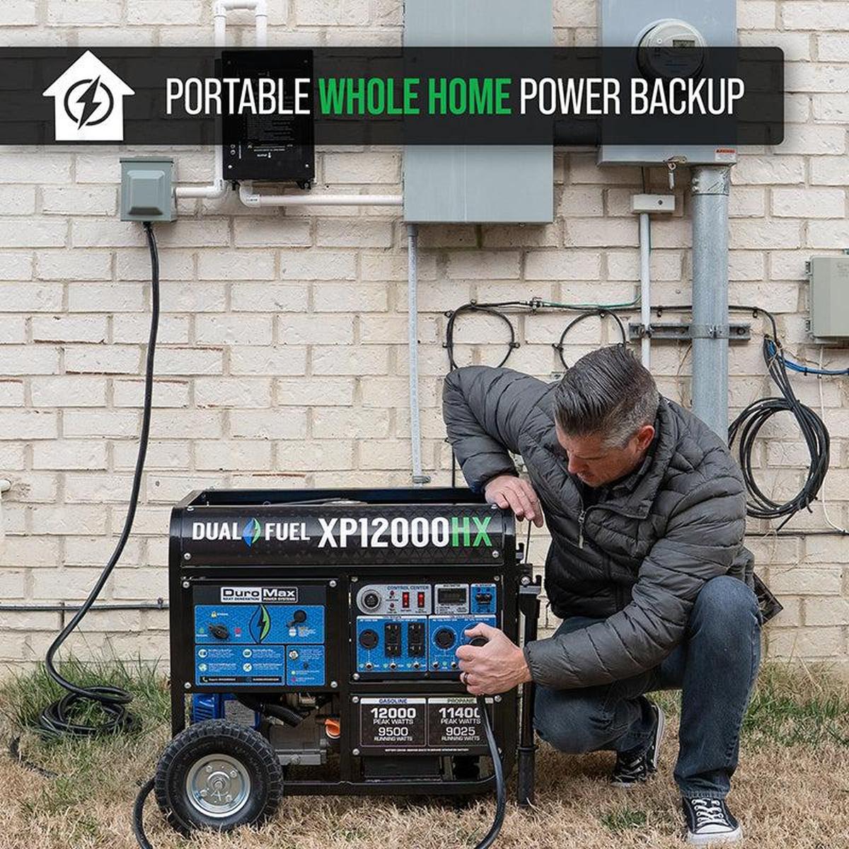 Portable Duromax generator in action providing whole home power backup, with a man safely connecting the device outdoors.