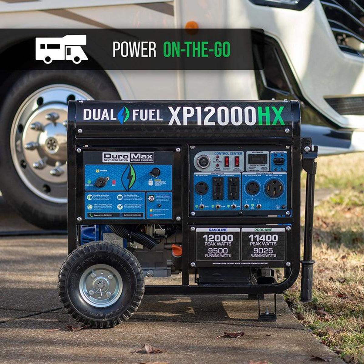 Duromax dual fuel XP12000HX generator providing power on-the-go, perfect for outdoor activities or emergency situations.