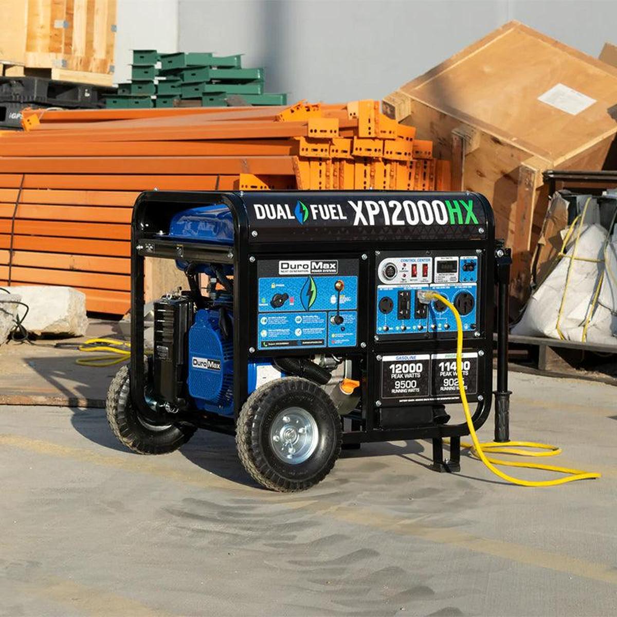 DuroMax quality generator on a construction site, showing its heavy-duty capabilities and portability for professional use.