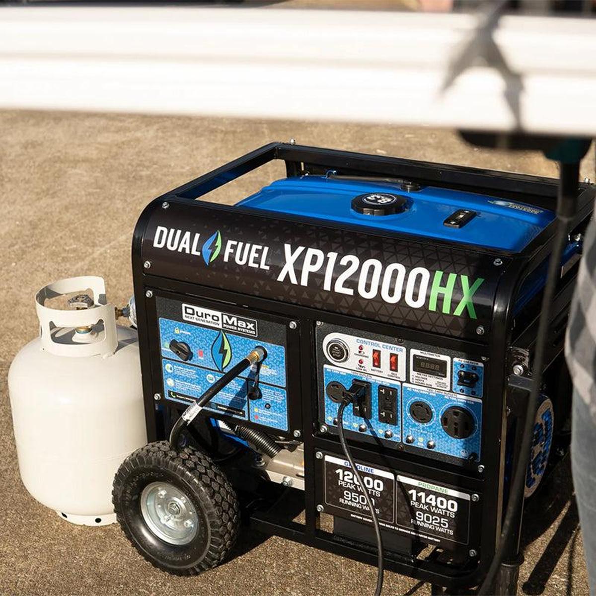 Close-up of a Duromax XP12000HX generator connected to a propane tank, showcasing its dual fuel feature for flexible energy solutions.