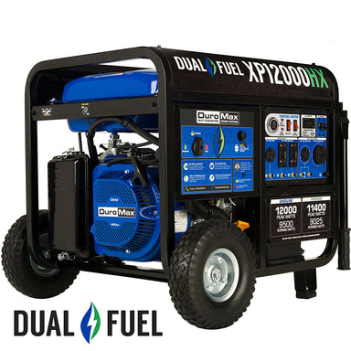 Duromax quality generator with dual fuel capability, showcasing 12000 peak watts and 9500 running watts, perfect for portable power needs.