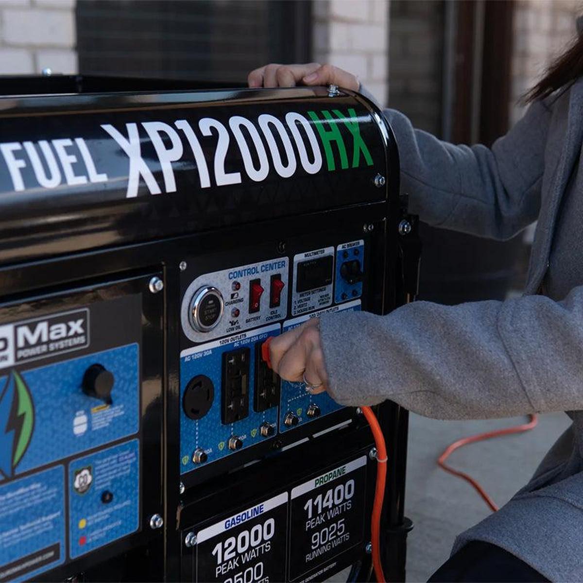 Woman using a DuroMax portable generator, demonstrating the ease of plugging in devices to a quality generator.