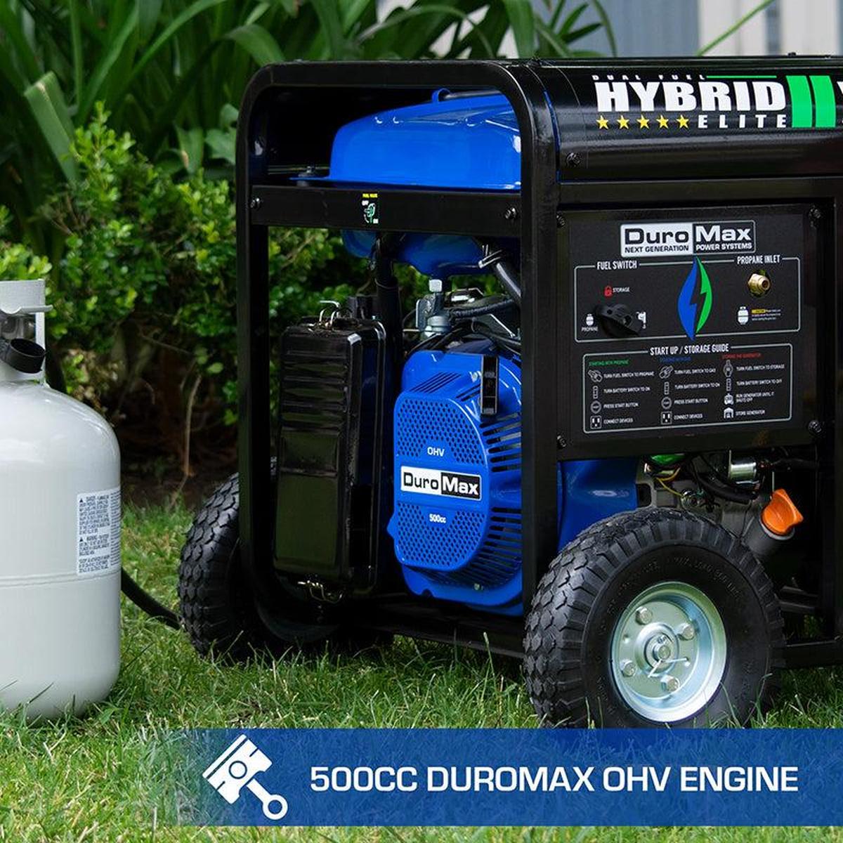 DuroMax portable generator displaying a powerful 500cc OHV engine with a propane tank in a garden setting.