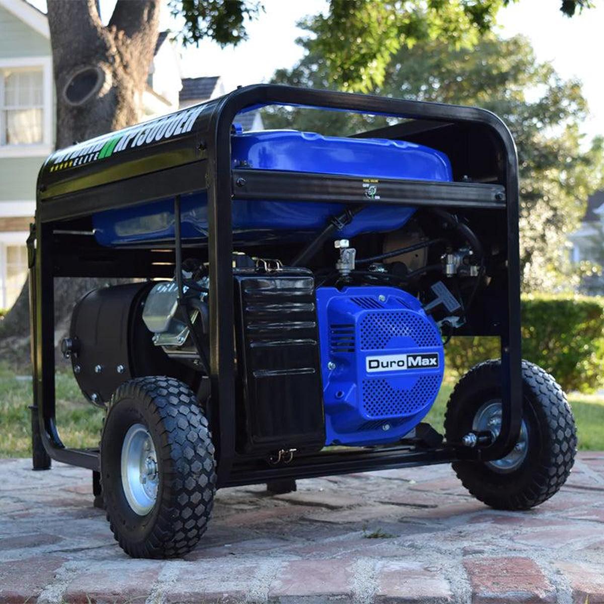Rear view of a DuroMax portable generator, highlighting the engine and sturdy construction for reliable power generation.