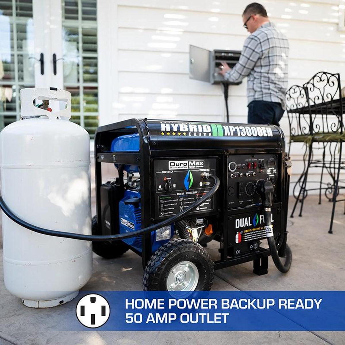 DuroMax generator equipped with a 50 AMP outlet, all set for home power backup in an outdoor setting.