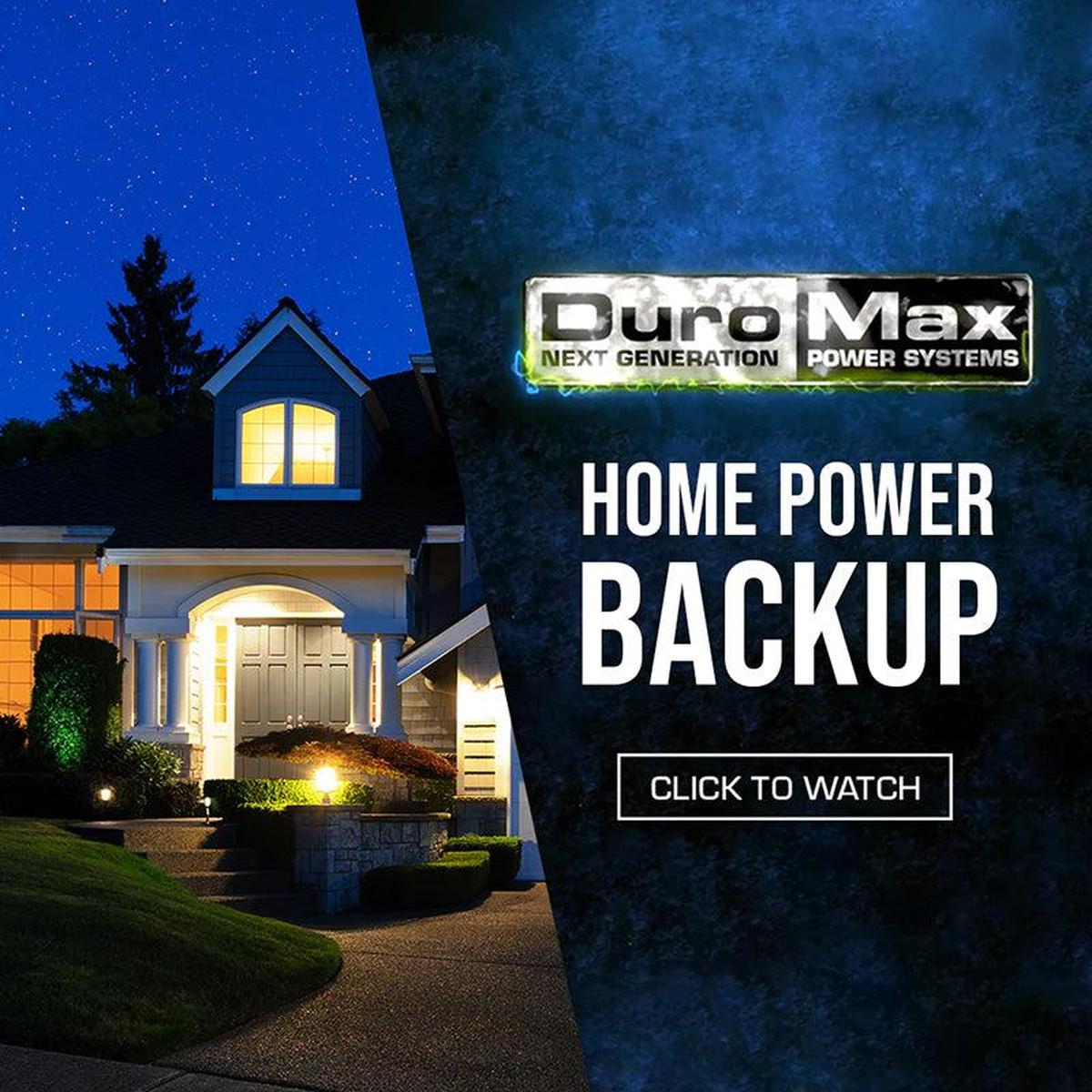 DuroMax generator featured in a night-time setting highlighting its role in home power backup.