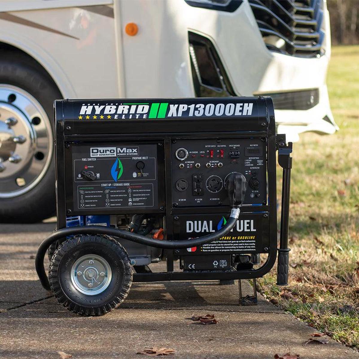 DuroMax portable generator parked next to an RV, offering reliable power supply for recreational outdoor activities.