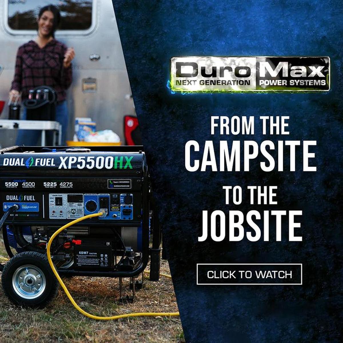 DuroMax portable generator presented as versatile for use from the campsite to the jobsite, indicating its wide range of applications.