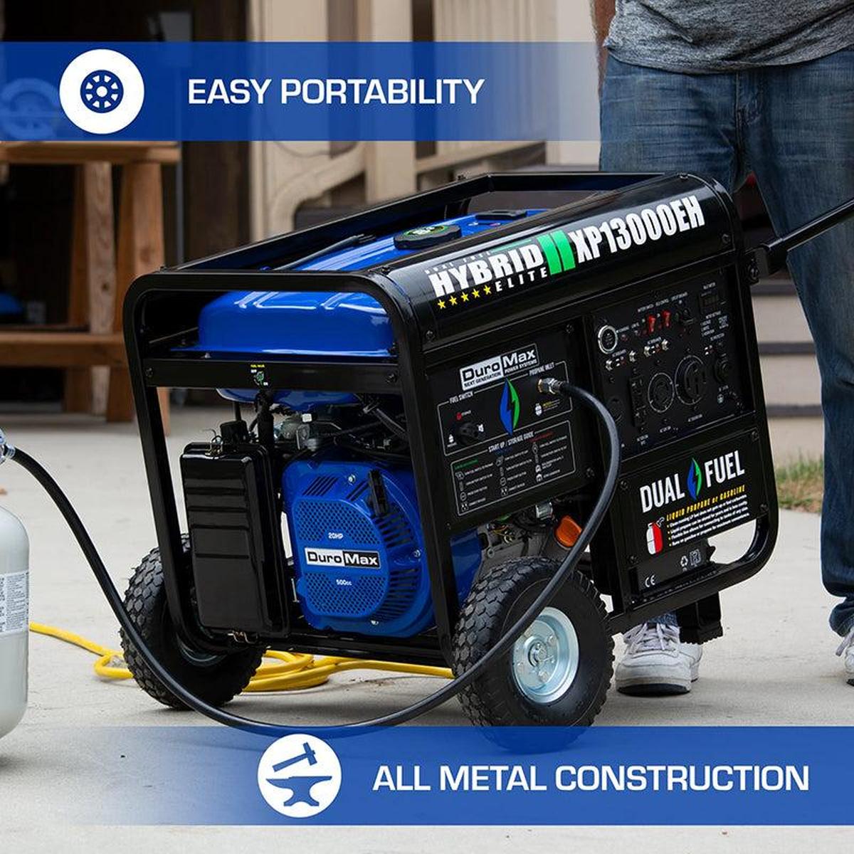 Easy portability and all-metal construction of a DuroMax generator, with extension cord and propane tank for efficient power backup.