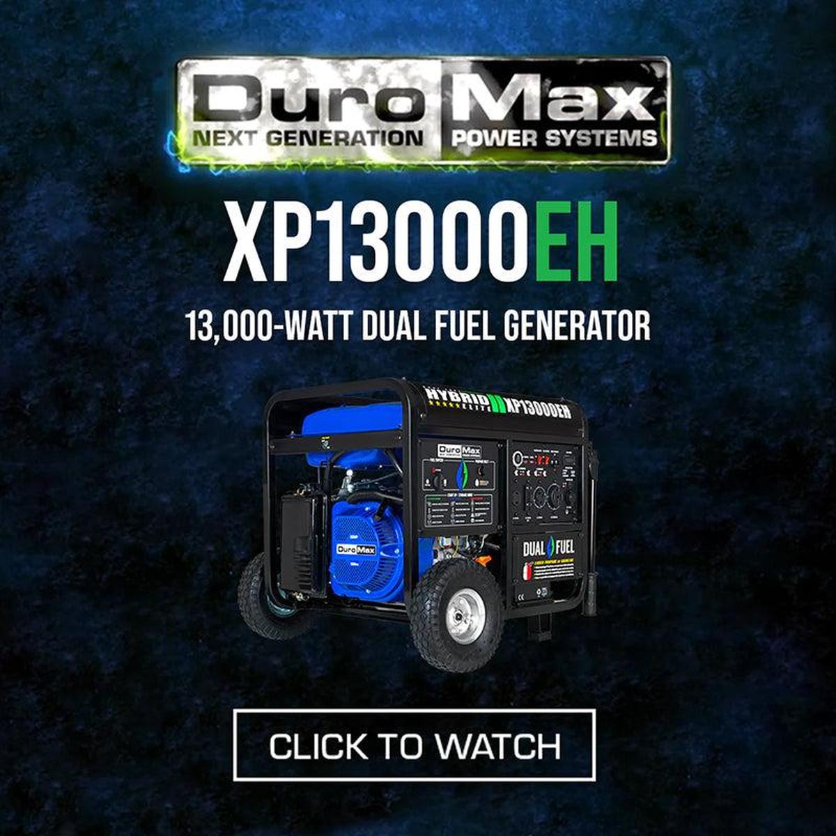 Promotional image of the DuroMax XP13000EH 13,000-watt dual fuel generator, emphasizing its power and dual fuel feature.