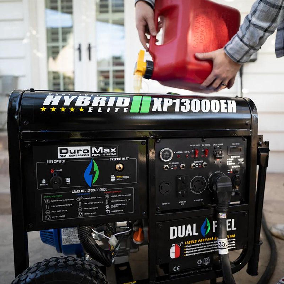 A person refueling a DuroMax XP13000EH quality generator, emphasizing the importance of portable power solutions.
