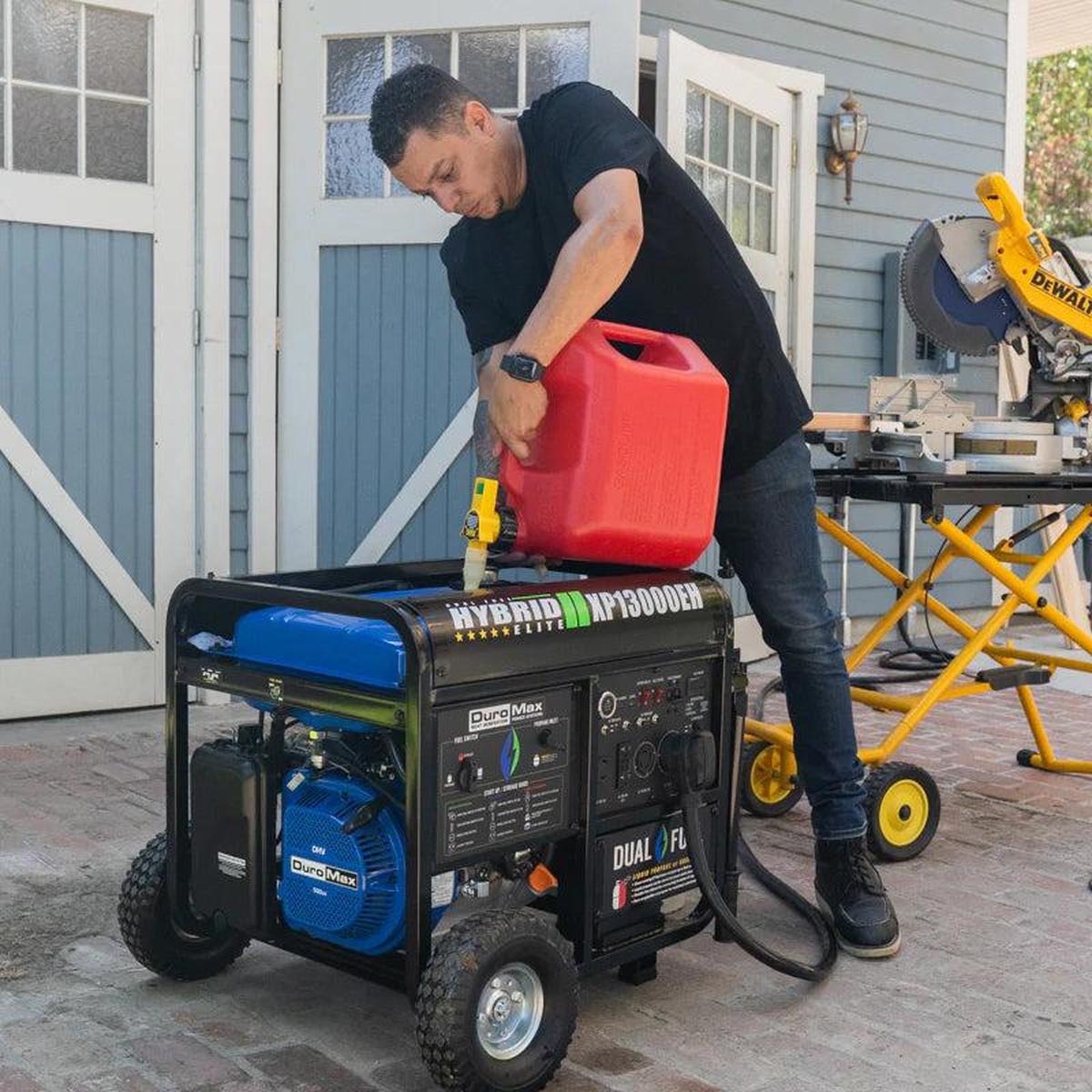 A person refueling a DuroMax XP13000EH quality generator, emphasizing the importance of portable power solutions.