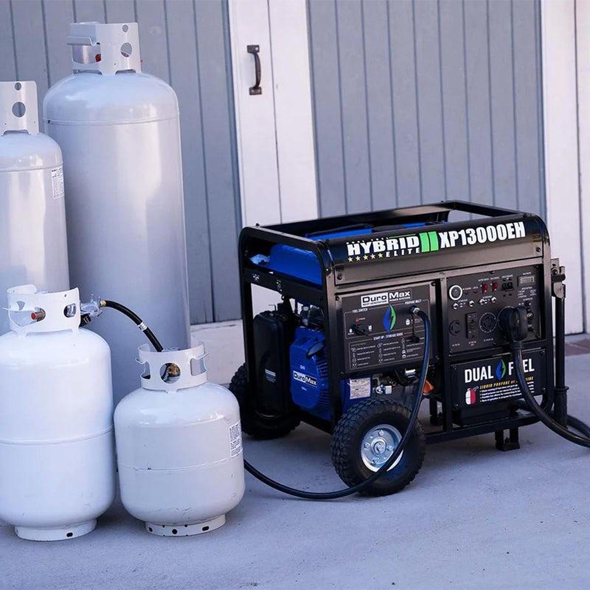 DuroMax XP13000EH generator front panel with clear labels for fuel switch and propane inlet.