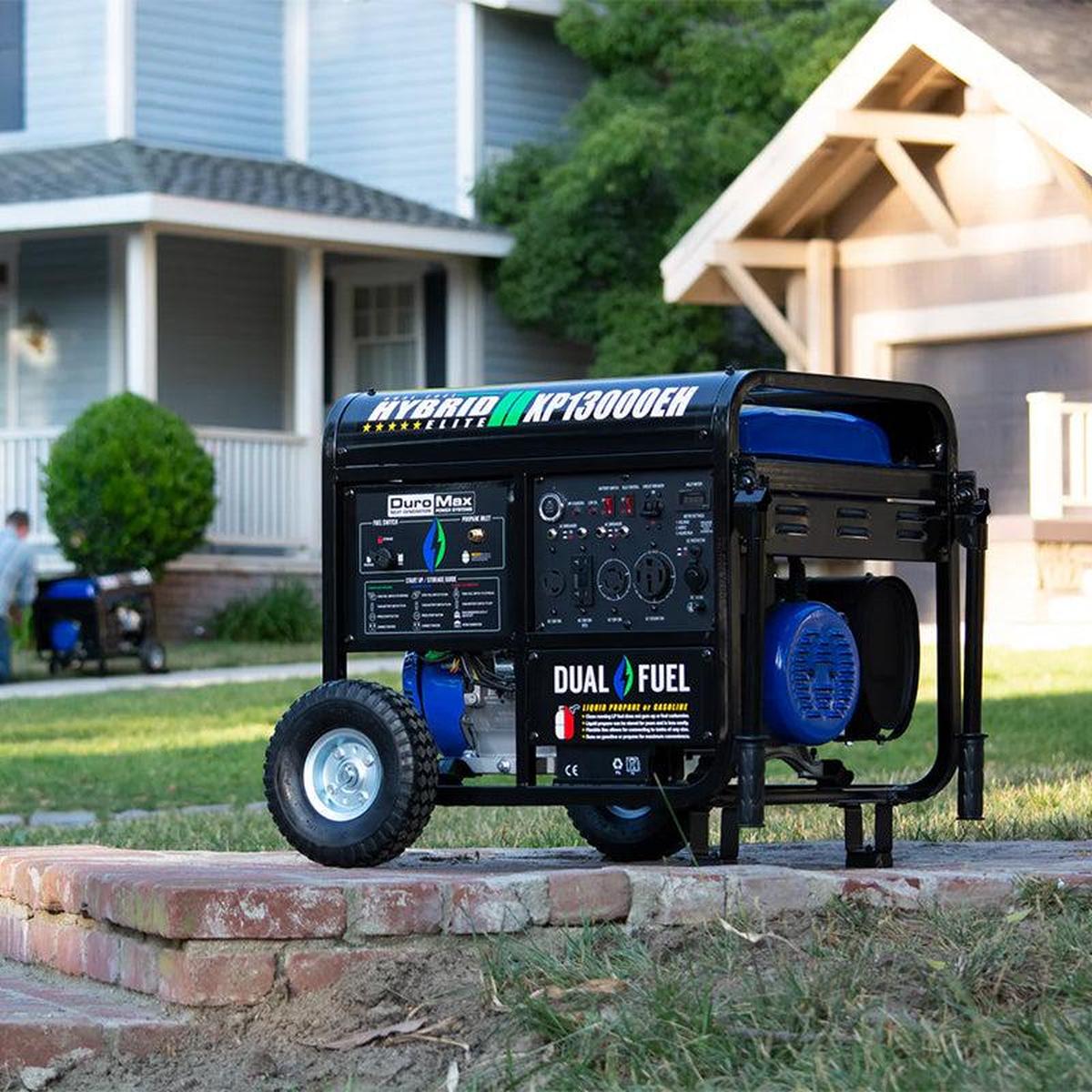 Quality DuroMax generator with propane tank on a lush lawn, emphasizing the aesthetic integration into home backup settings.