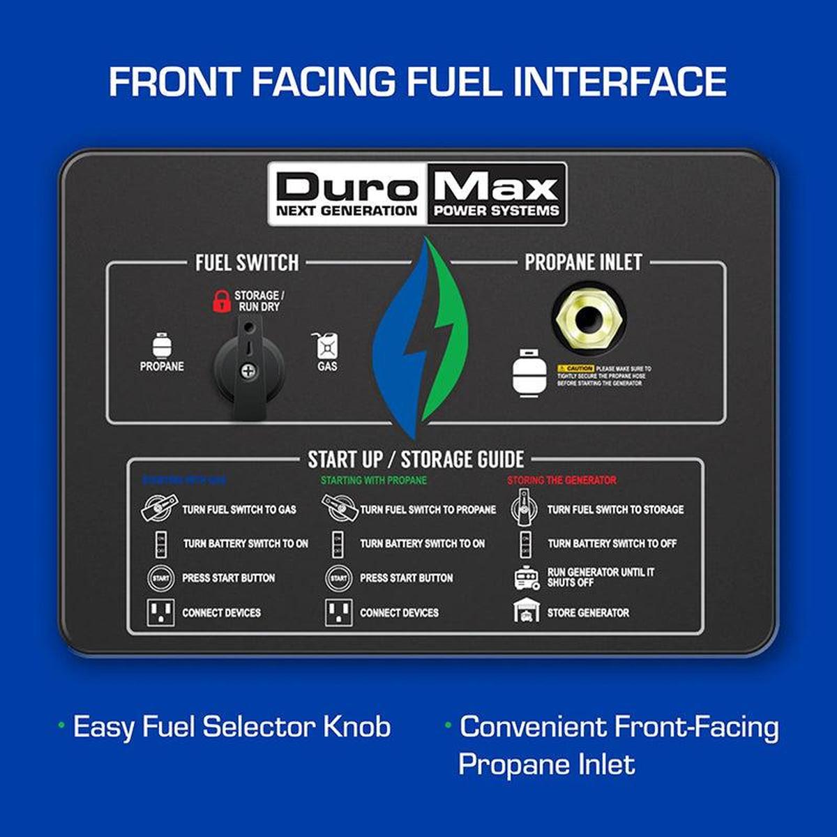 Close-up of the front-facing fuel interface on a DuroMax quality generator with easy fuel selector knob and propane inlet.