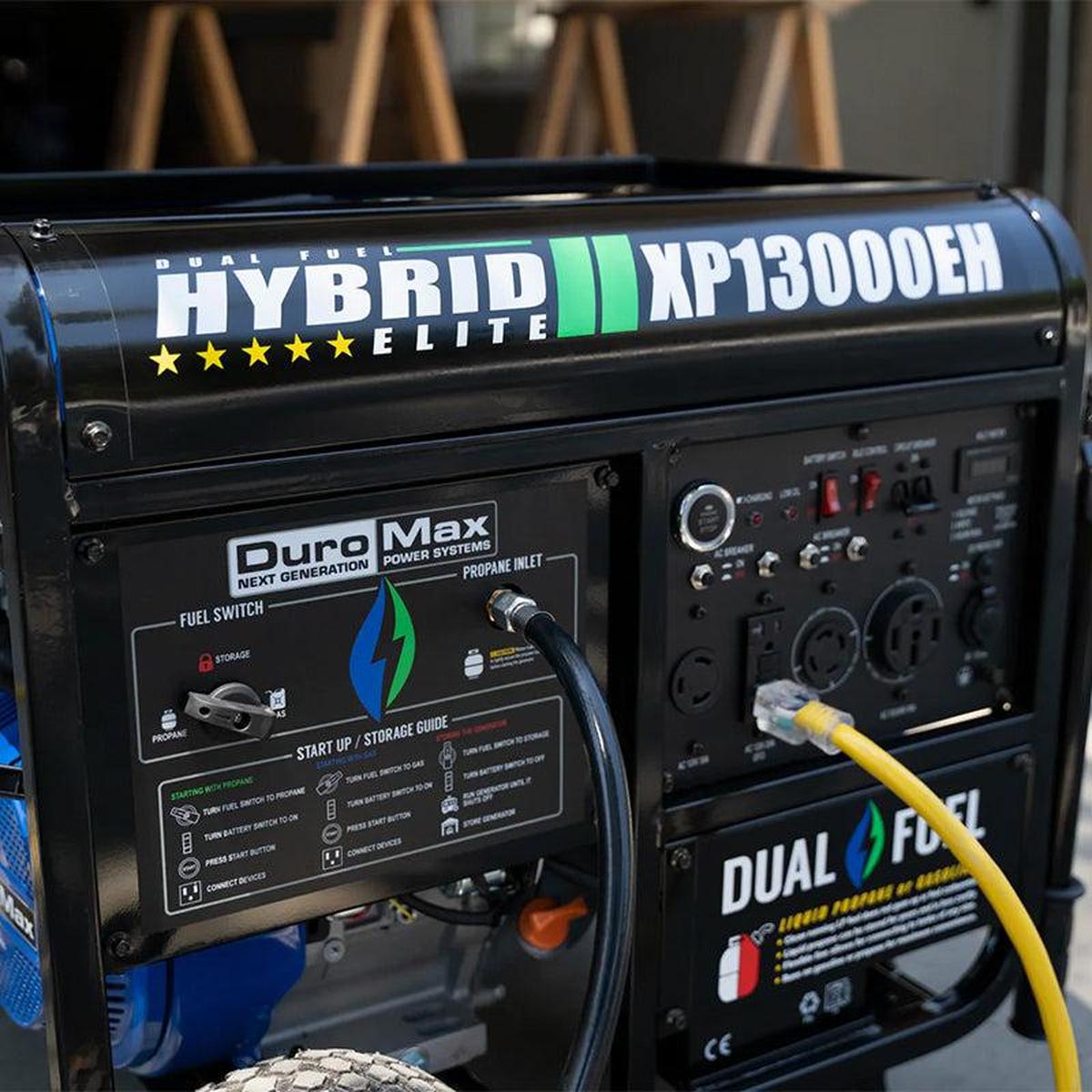DuroMax XP13000EH generator front panel with clear labels for fuel switch and propane inlet.