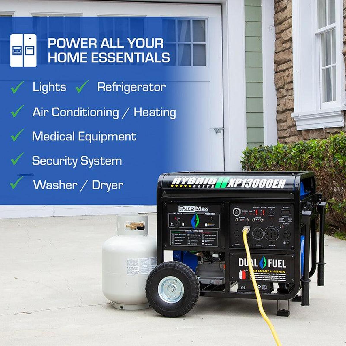 A DuroMax portable generator powering home essentials with an extension cord, highlighting its capacity and utility.
