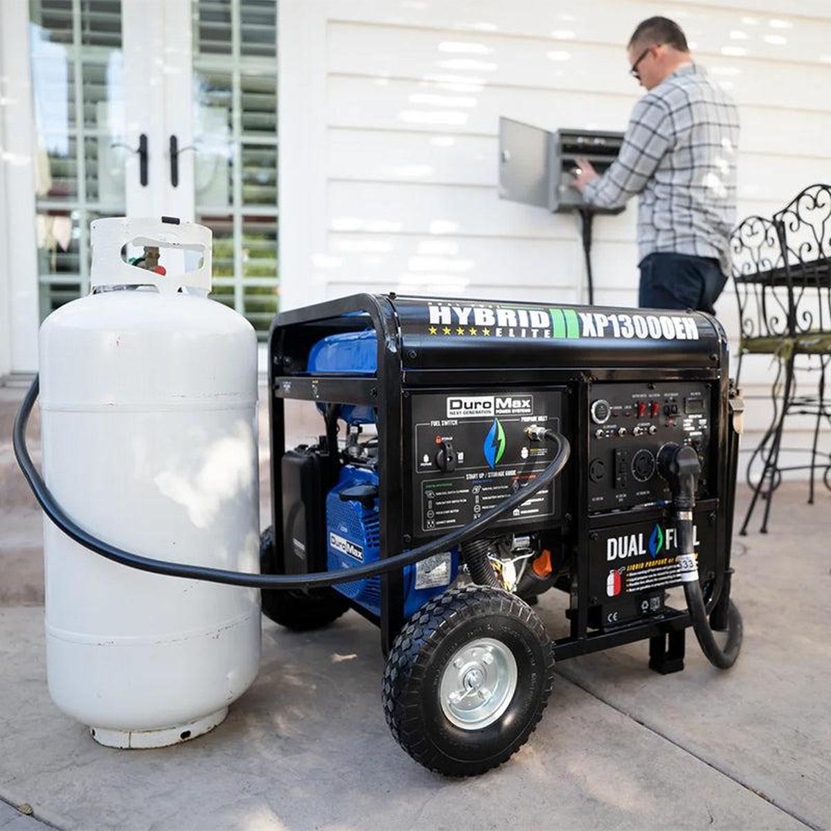 DuroMax quality generator with propane tank set up for home power backup, ensuring preparedness and safety.