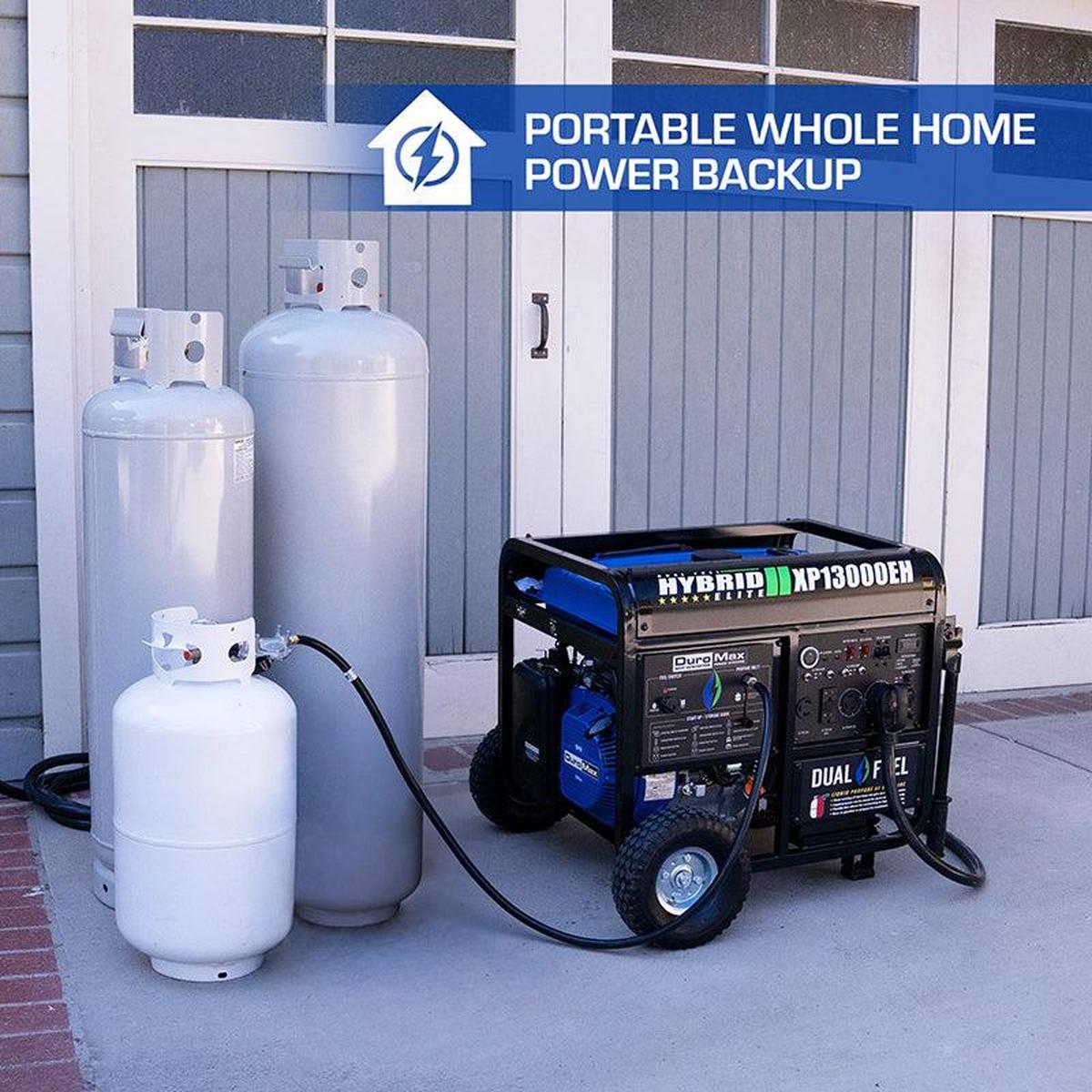 DuroMax portable generator with propane tanks ready for outdoor use, indicating versatility and reliability.