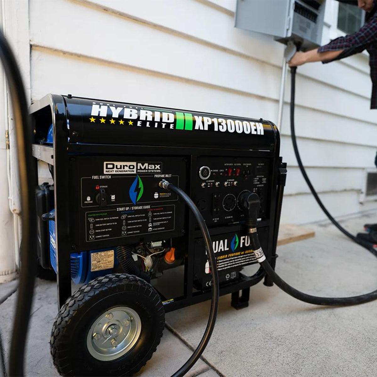 Promotional image of DuroMax XP13000EH 13,000-watt dual fuel generator with branding.