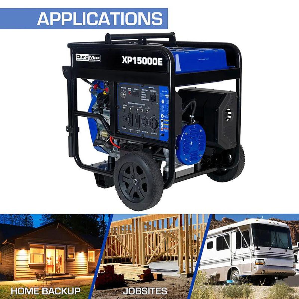DuroMax XP15000E generator presented as a reliable power solution for home backup and jobsite applications.
